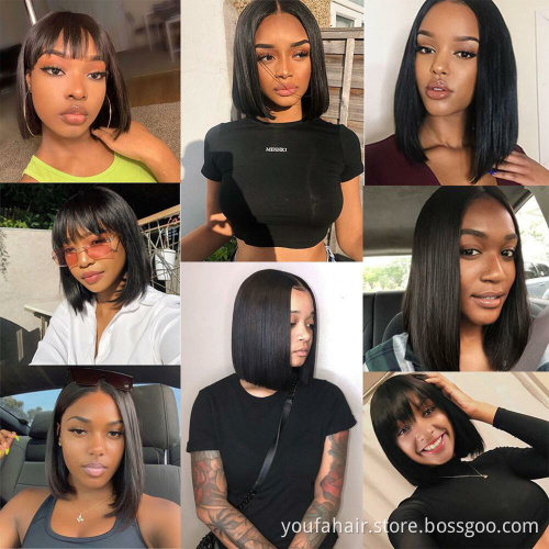 Dropshipping Natural Black Short Pixie Cut Bob Wigs with Bangs Cheap No Lace Machine Made Virgin Peruvian Human Hair Bob Wigs